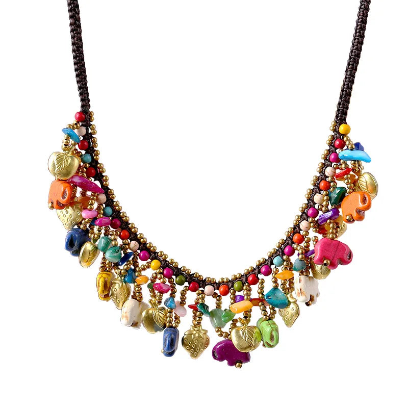 Bohemian Style Jewelry Thai Waxed Wire Braided Collarbone Chain Colorful Semi-precious Stone Necklace for Women