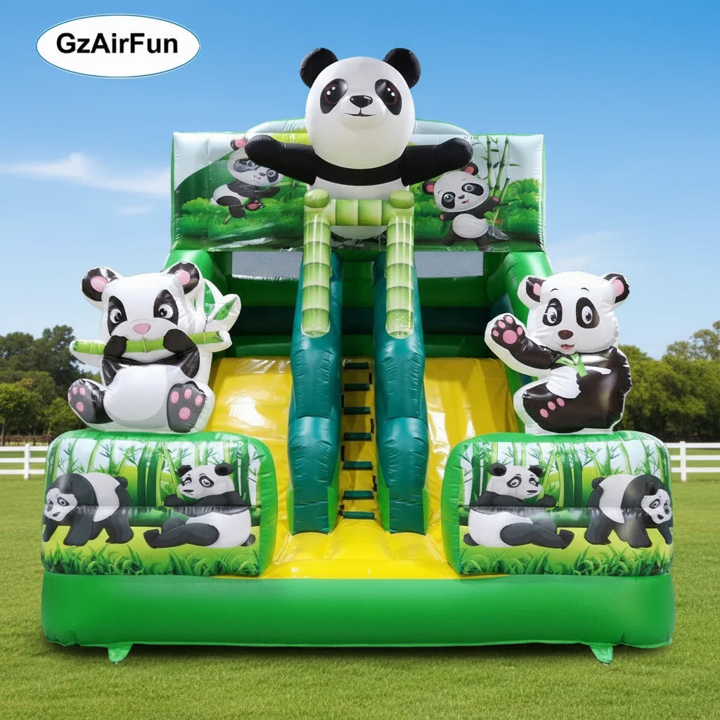 Double Slide Inflatable Panda Mascot Bounce Slide Fun Dry Use Waterslide