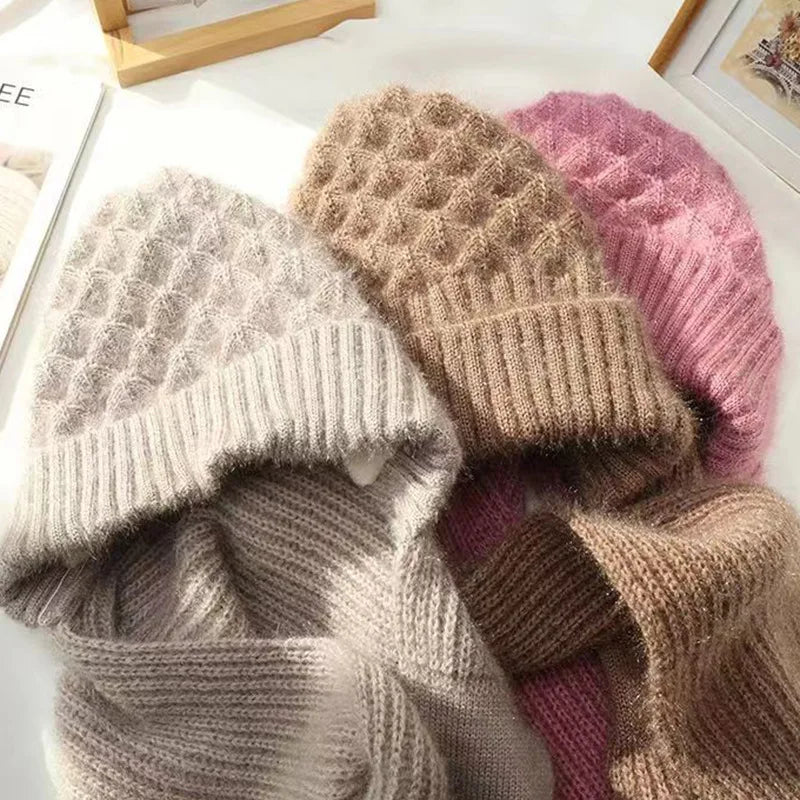 Knit Hat Scarf One Two-piece Women's Winter Fashion Warm Plus Fleece Thick Cycling Windproof Woolen Hat