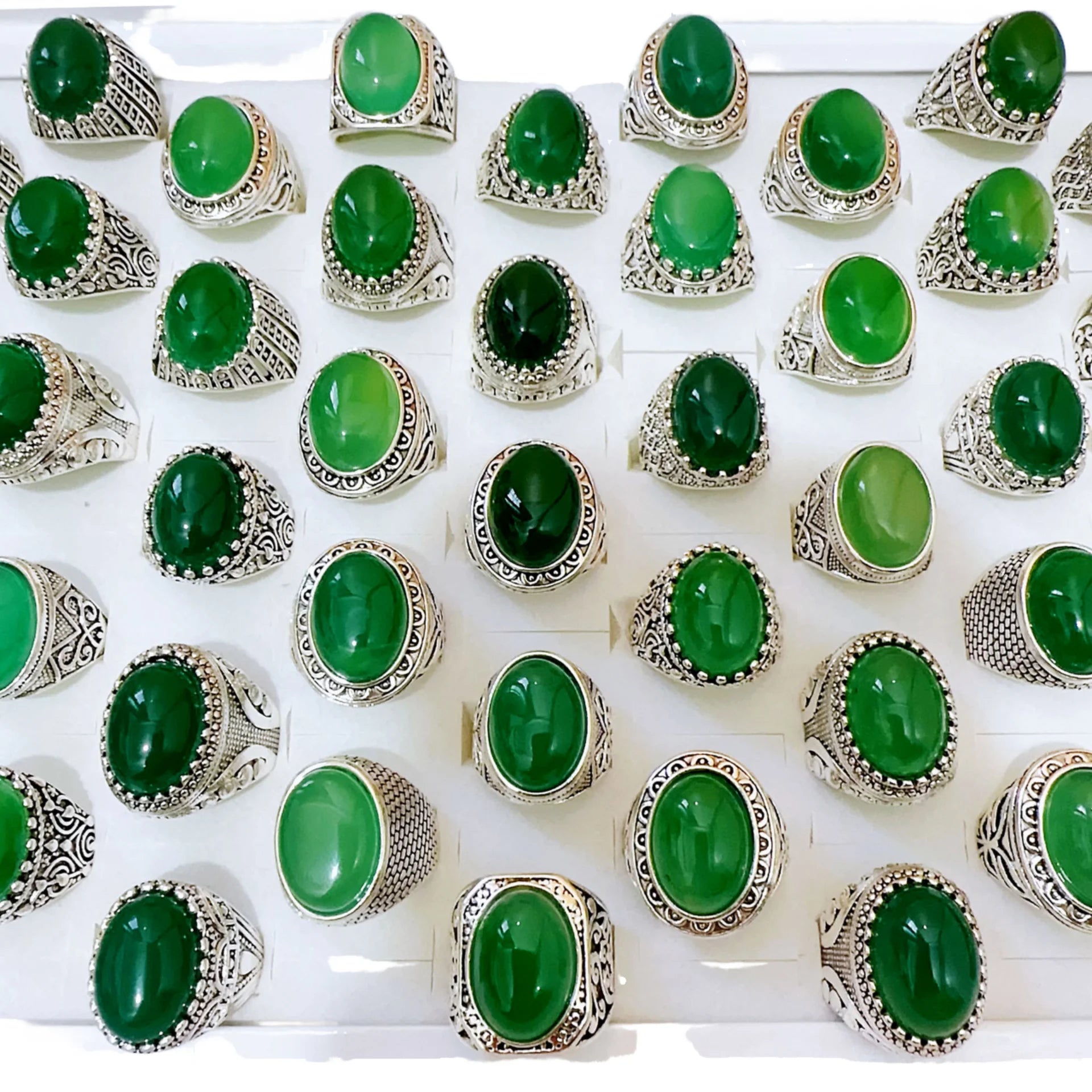 Wholesale Fashion Jewelry Women's Engagement Ring Zinc Alloy Anniversary Rings Mix Size Zircon Green Stone Chunky Rings