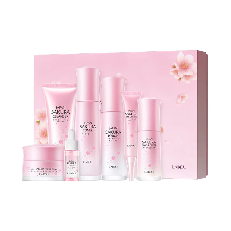 Moisturizing Reduce Fine Lines Brighten Skin Tone Face Care 7Pcs LAIKOU Sakura Skin Care Set
