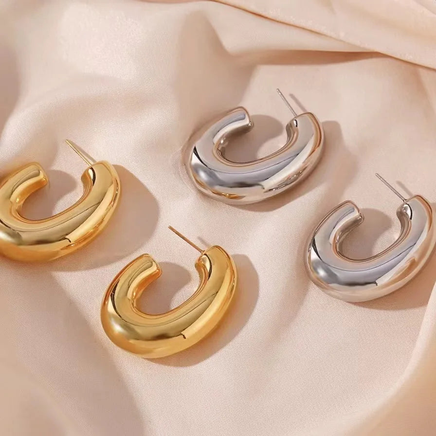 Waterproof Women Jewelry Oval Shape Hollow Out Chunky Hoop Earring 18K Gold Plated Stainless Steel Earrings YF3287
