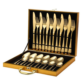 Factory Wholesale Best Price 24pcs Golden Stainless Steel Cutlery Set Knife Fork Spoon Flatware Wedding Classic Style Wooden