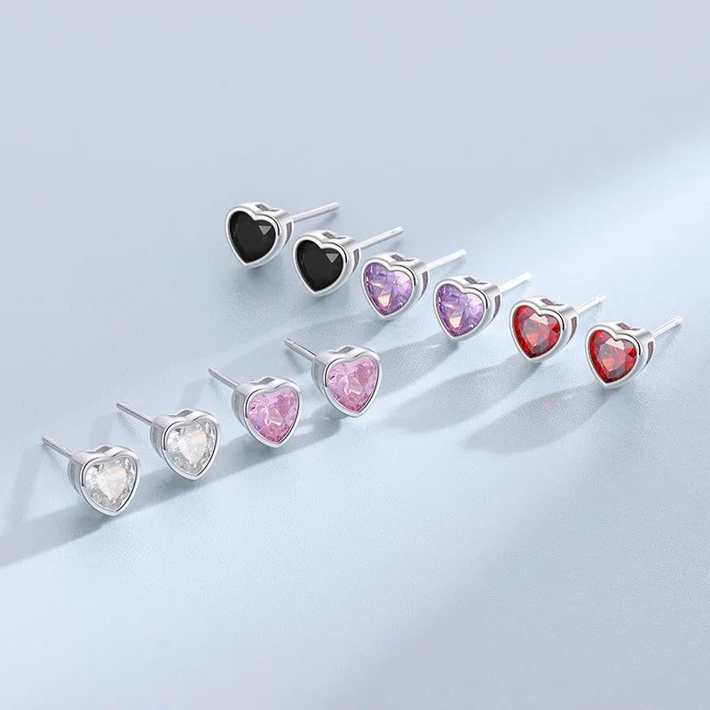Cute 925 Sterling Silver Bezel Setting Colorful Zircon Heart Stud Earring Heart Cz Diamond Stud Earrings for Women Wholesale