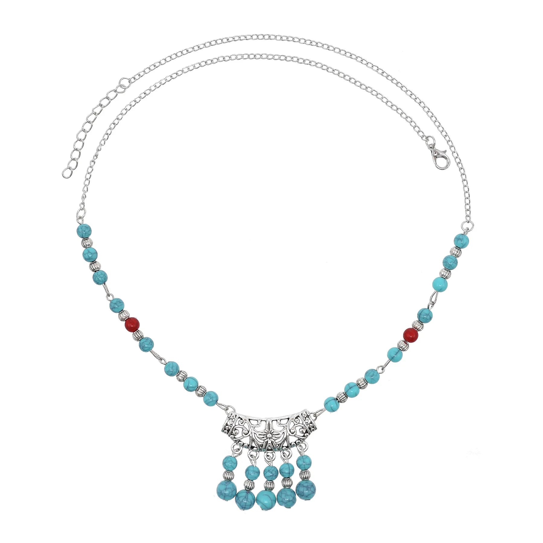 New Fashion Silver Plated Turquoise Beads Tassel Pendant Necklace for Women