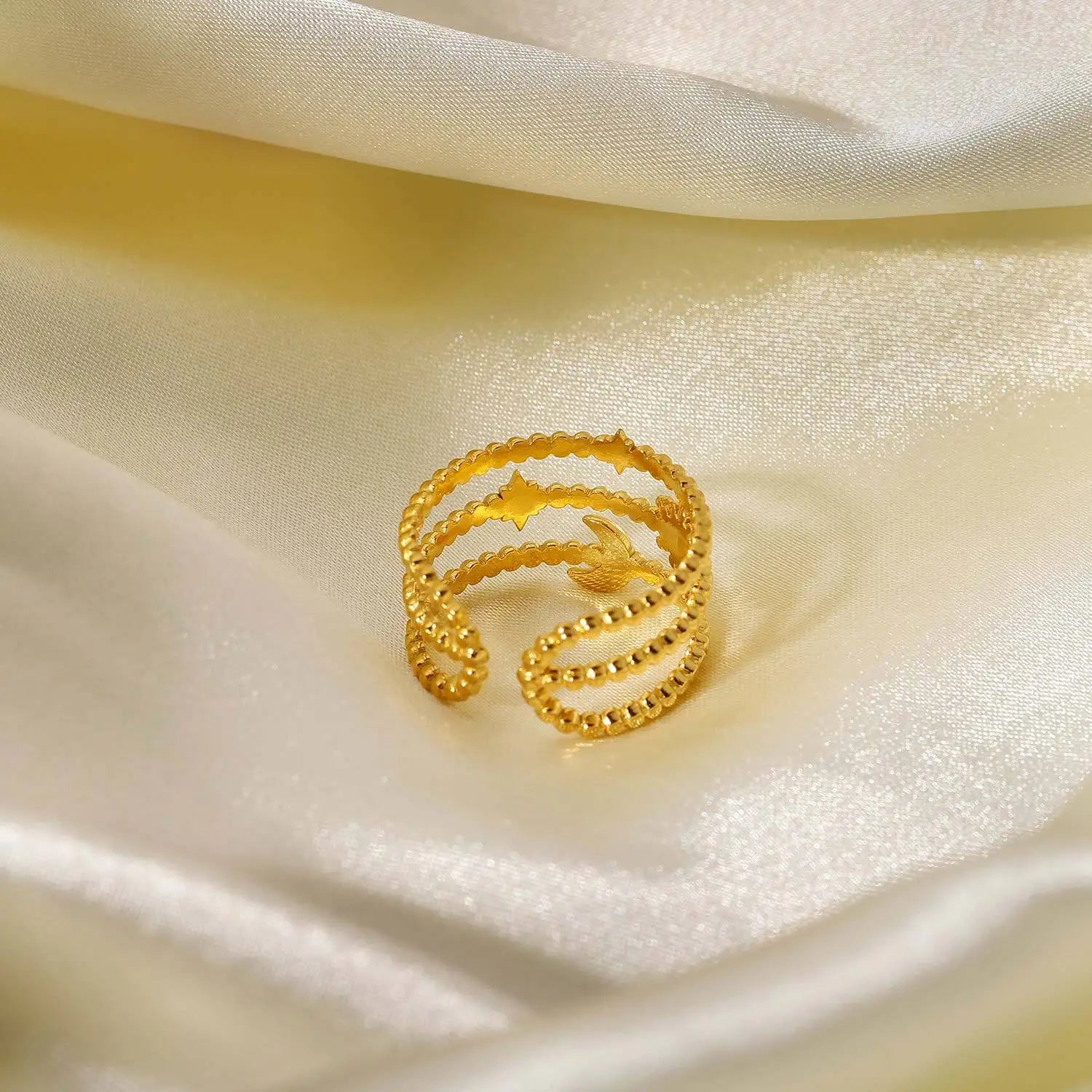 New Boho 3 Layered Beaded 18K Gold Plated Moon Star Opening Custom Stainless Steel Finger Ring for Women