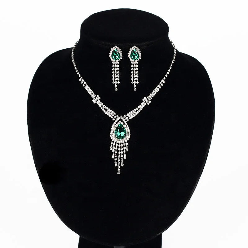 American and European Hot Sale Black and Blue Color Rhinestone  Metal and Diamond Braid and Wedding Necklace and Earring Set