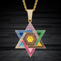 Multicolored Iced Out Zircon Hexagonal Star Pendant Hiphop Brass Star of David Charm Necklace Jewish Jewelry.