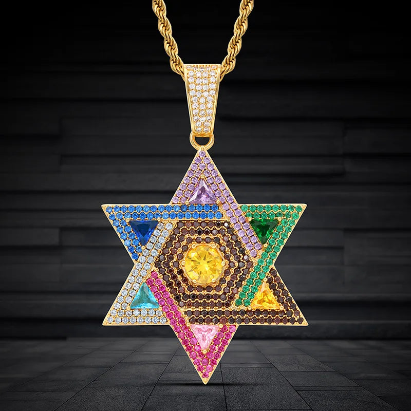 Multicolored Iced Out Zircon Hexagonal Star Pendant Hiphop Brass Star of David Charm Necklace Jewish Jewelry.