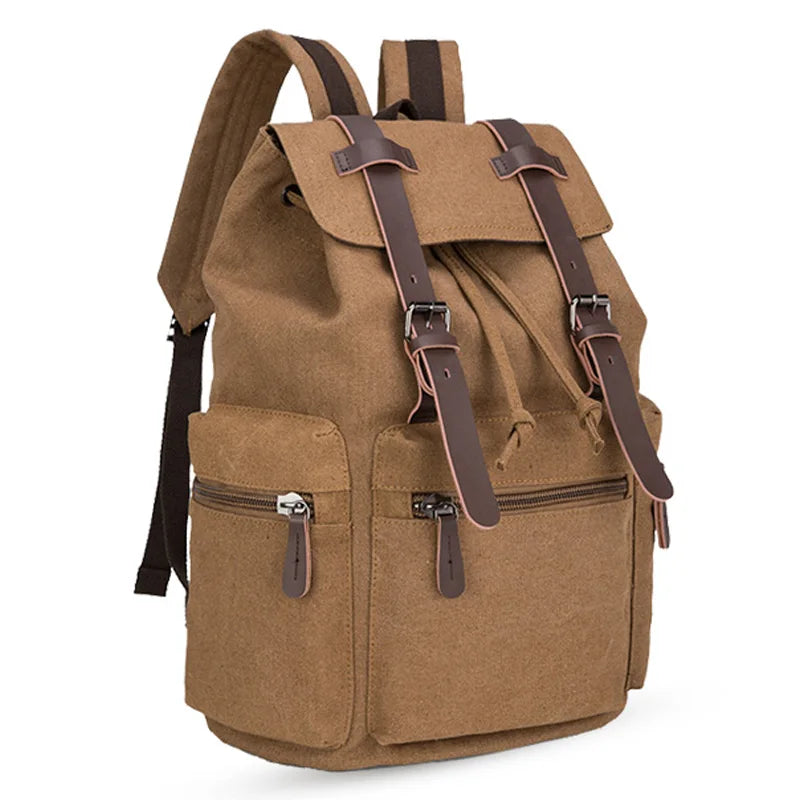 Durable Unisex Stylish PU Leather Straps Fashionable Portable Travel Laptop Schoolbags Canvas Backpack with Polyester Lining