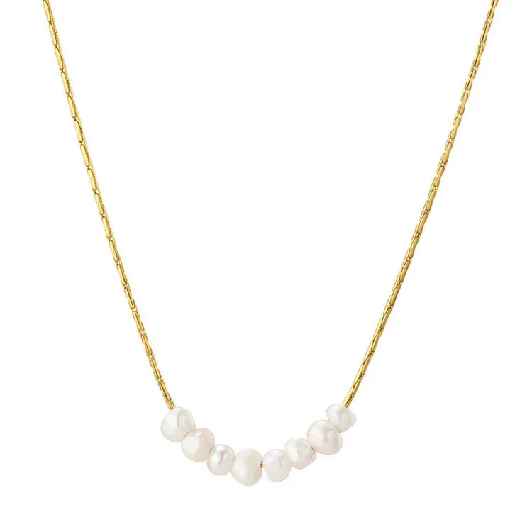 SC Hong Kong Style Stainless Steel Thin Collarbone Necklace Retro Luxury Natural White Freshwater Pearl Necklace for Women