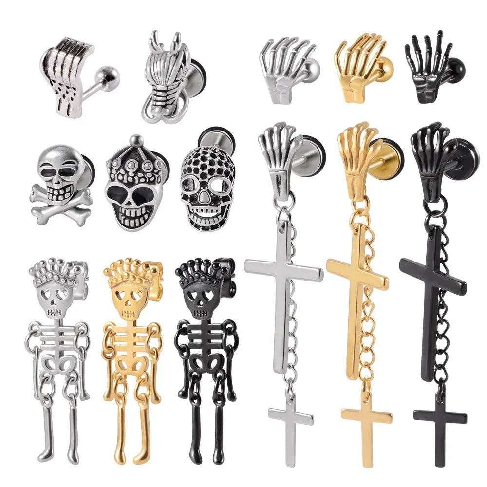Vintage Punk Gold Ear Stud Skull Demon Claw Skeleton Earrings Men Women Unisex Trendy Stainless Steel Party Gift Jewelry