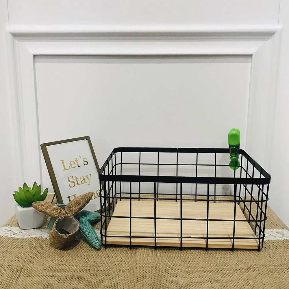 Hot Selling Square  Black & White Metal Wire Storage Basket with Wood Base