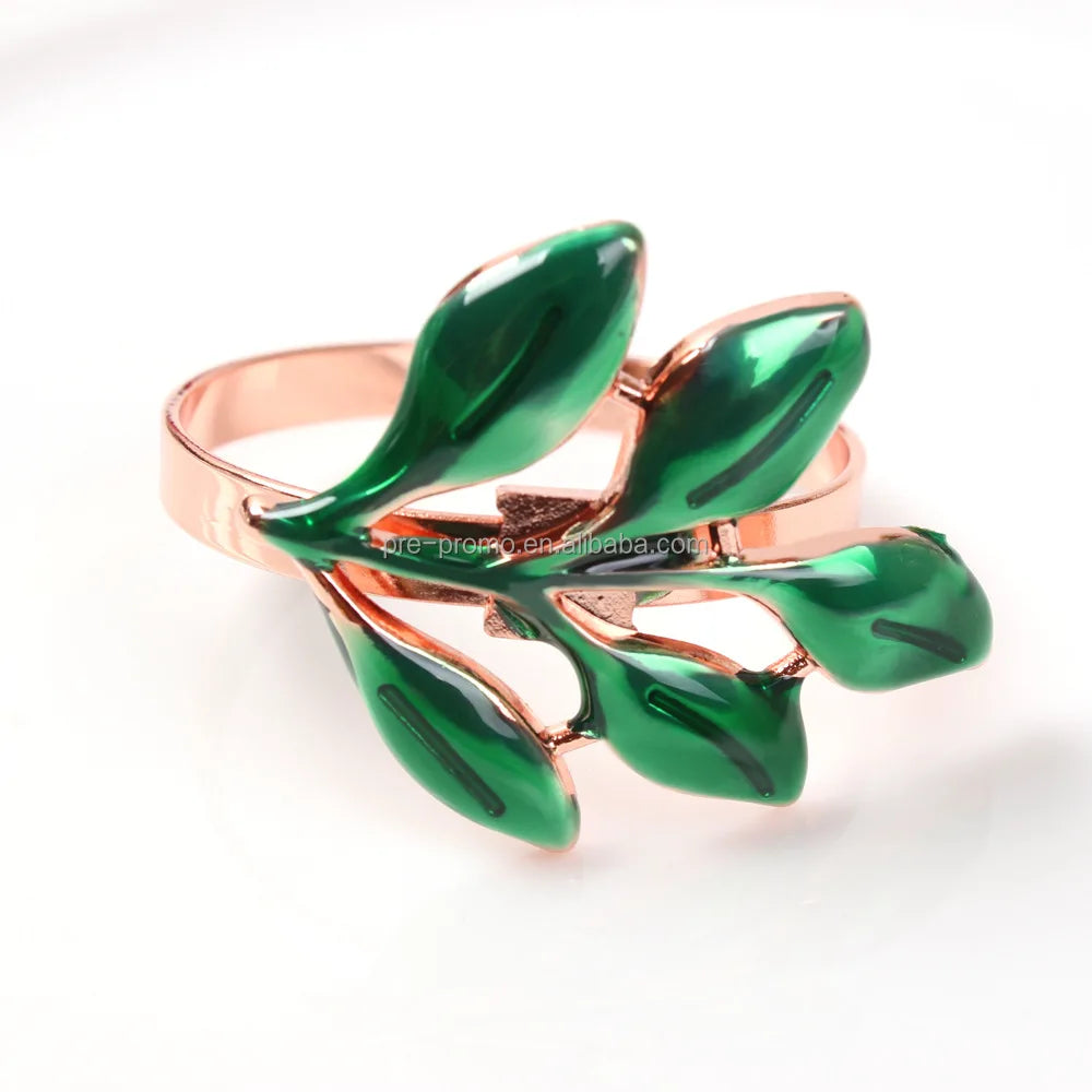 Wholesale metal green leaf silver gold rose gold napkin ring for wedding favors