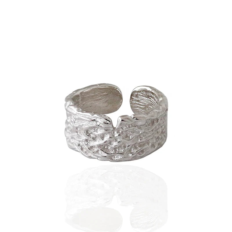 S925 Sterling Silver Wrinkle Ring Female Temperament Texture Opening Ring Cold Wind Minimalist Irregular Rings