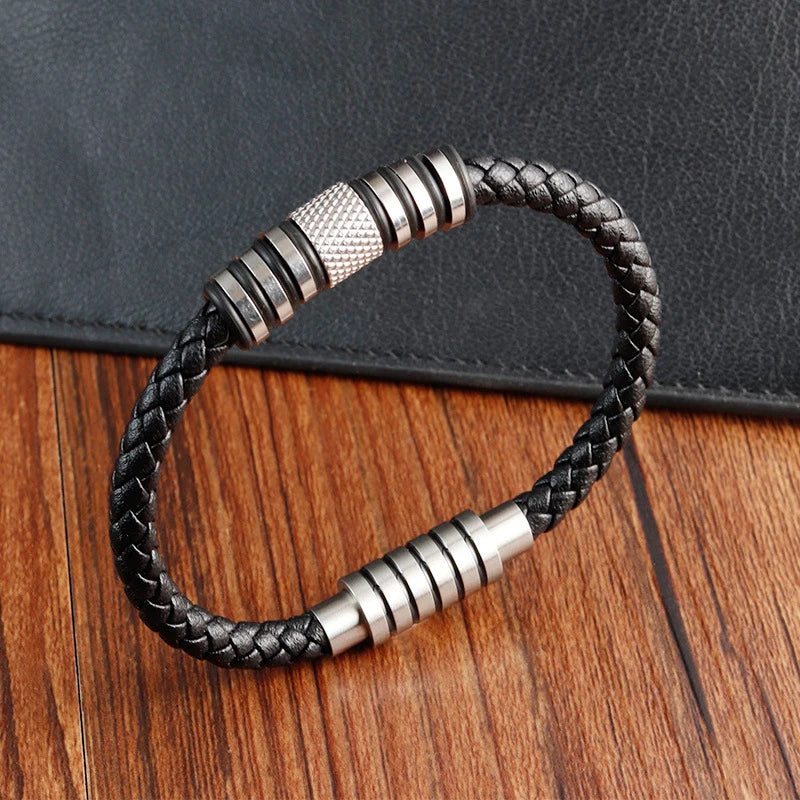 Wholesale Stainless Steel Titanium Steel Bracelet Personalized Genuine Leather Braided Bracelet Vintage Unisex Jewelry