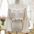Japanese Blouse Women Sweet Lolita Style Chiffon Blusas Mujer Slash Neck Flare Collar Cute Shirt Lace Ruffles Crop Tops
