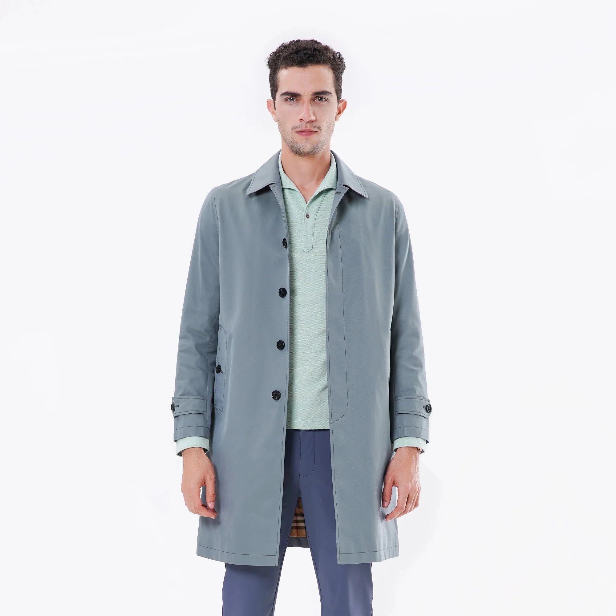Men's Dark Elegant Blue Windbreaker Trench Coat Long Custom Cotton With Turn-down Woven ODM Standard 100% Cotton OVERCOAT