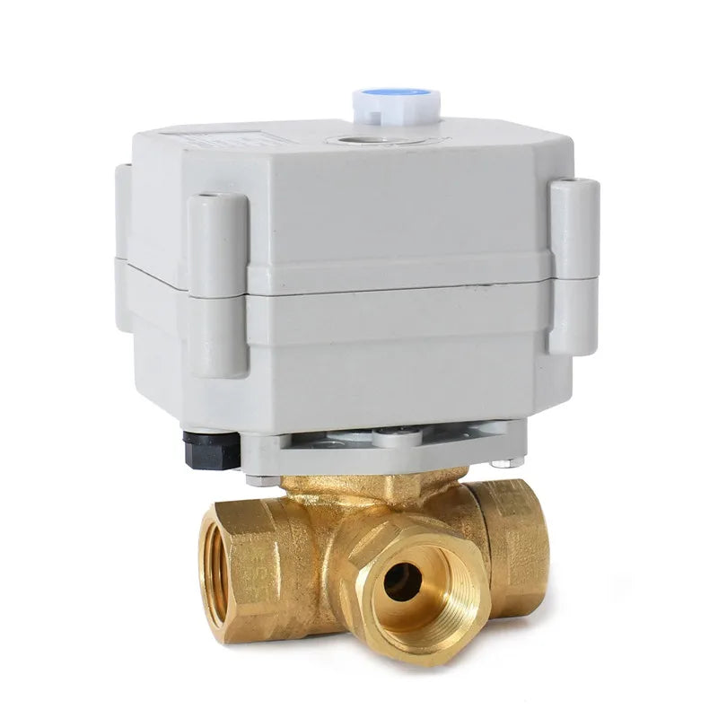 3/8'' 3-Way Electric Flow Control Brass Ball Valve 9-24VAC/DC or 110-230VAC Auto Return Failsafe With Manual Override