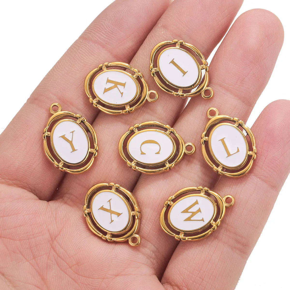 Stainless Steel Oval White Drop Oil Letter Pendant A- Z Hexagon DIY Jewelry Accessories