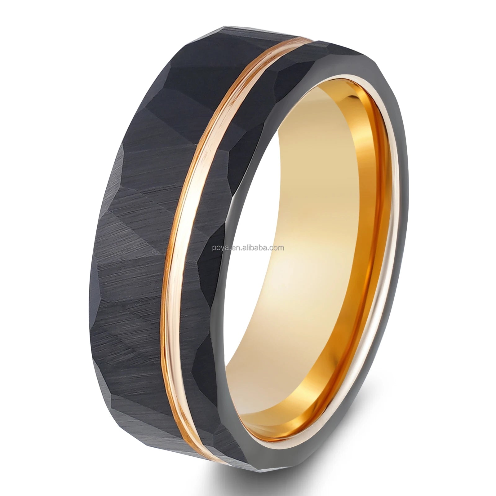 POYA Unisex Hammered Black Tungsten Ring With Rose Gold Strip  Classic Wedding Band for Engagement Anniversary Gift
