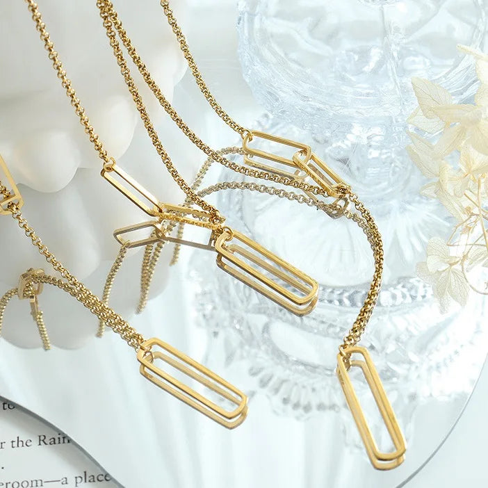 Autumn and Winter Splicing Sliding Tassel Square Chain Stainless Steel Sweater Necklace Wholesale