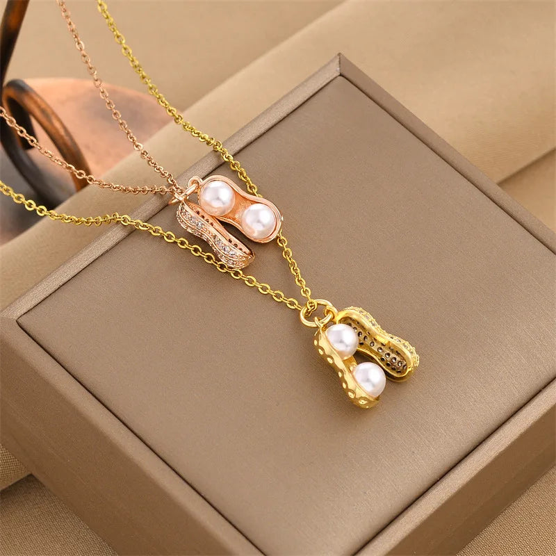 Trendy Luxury Gold Plated Stainless Steel Chain Peanut Pendant Necklace for Women Girls Titanium Steel Jewelry