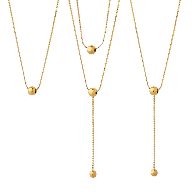 IVANDA Newest Design Tassel Ball Pendant 18K Gold Plated Stainless Steel Double Layer Beads Unisex Chains Hook Casual/Sporty