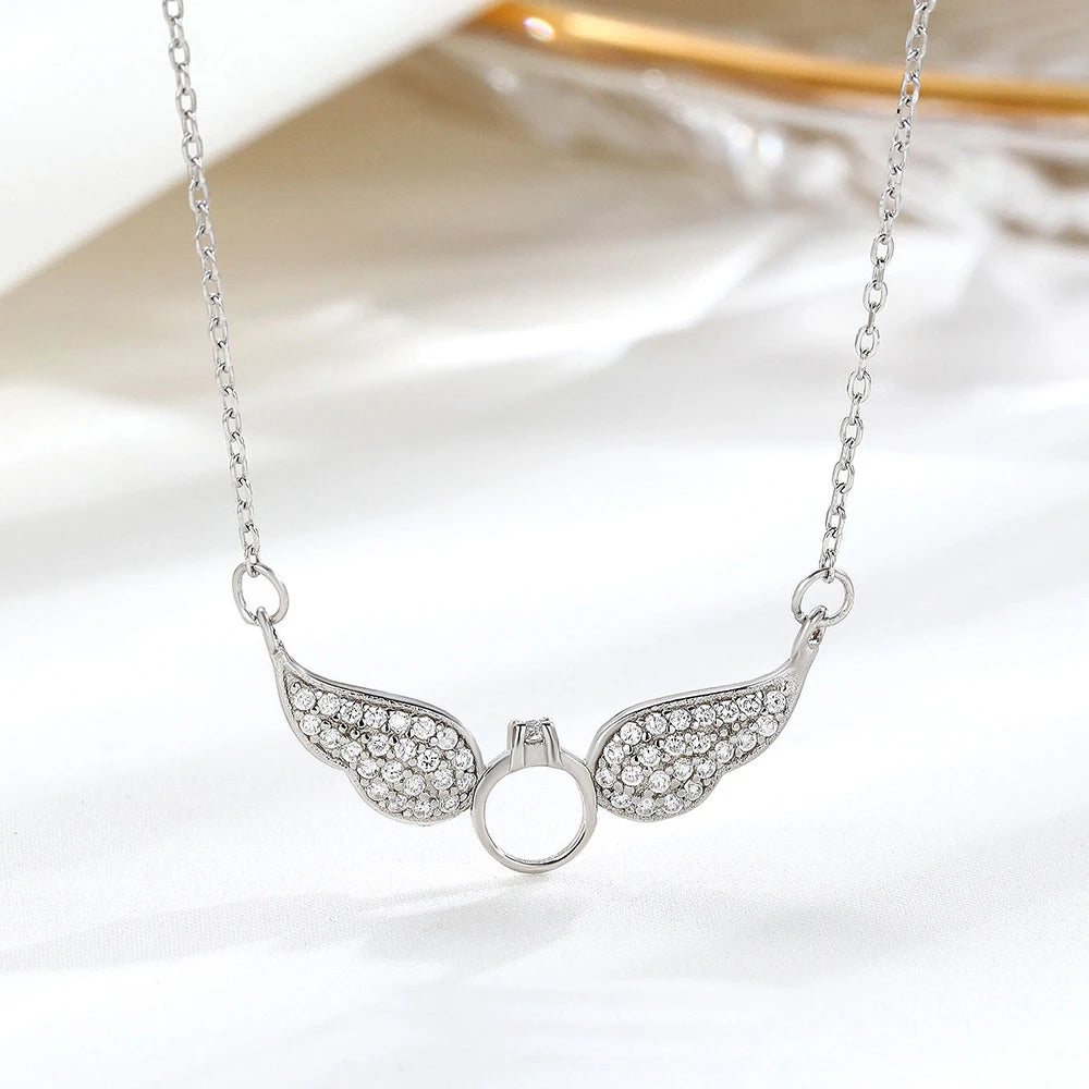 925 Sterling Silver Round Circle Ring Wing Pendant Women Fashion CZ Diamond Angel Wing Clavicle Chain Necklace