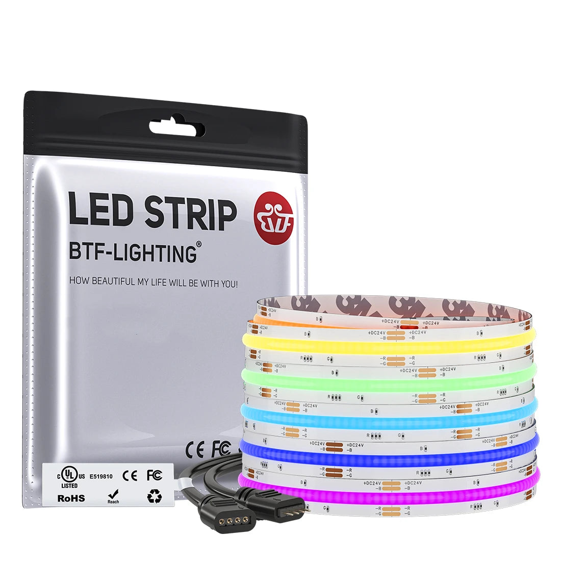 BTF-LIGHTING UL Listed FCOB COB RGB Changing Uniform Light Flexible High Density DC12V 24V 810 840 LEDs COB RGB Led Strip Light