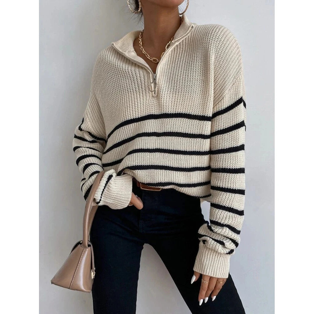 Black and White Casual Half Zipper Turn Down Collar Striped Knitted Pullover Sweater for Men and Women Custom Supplier