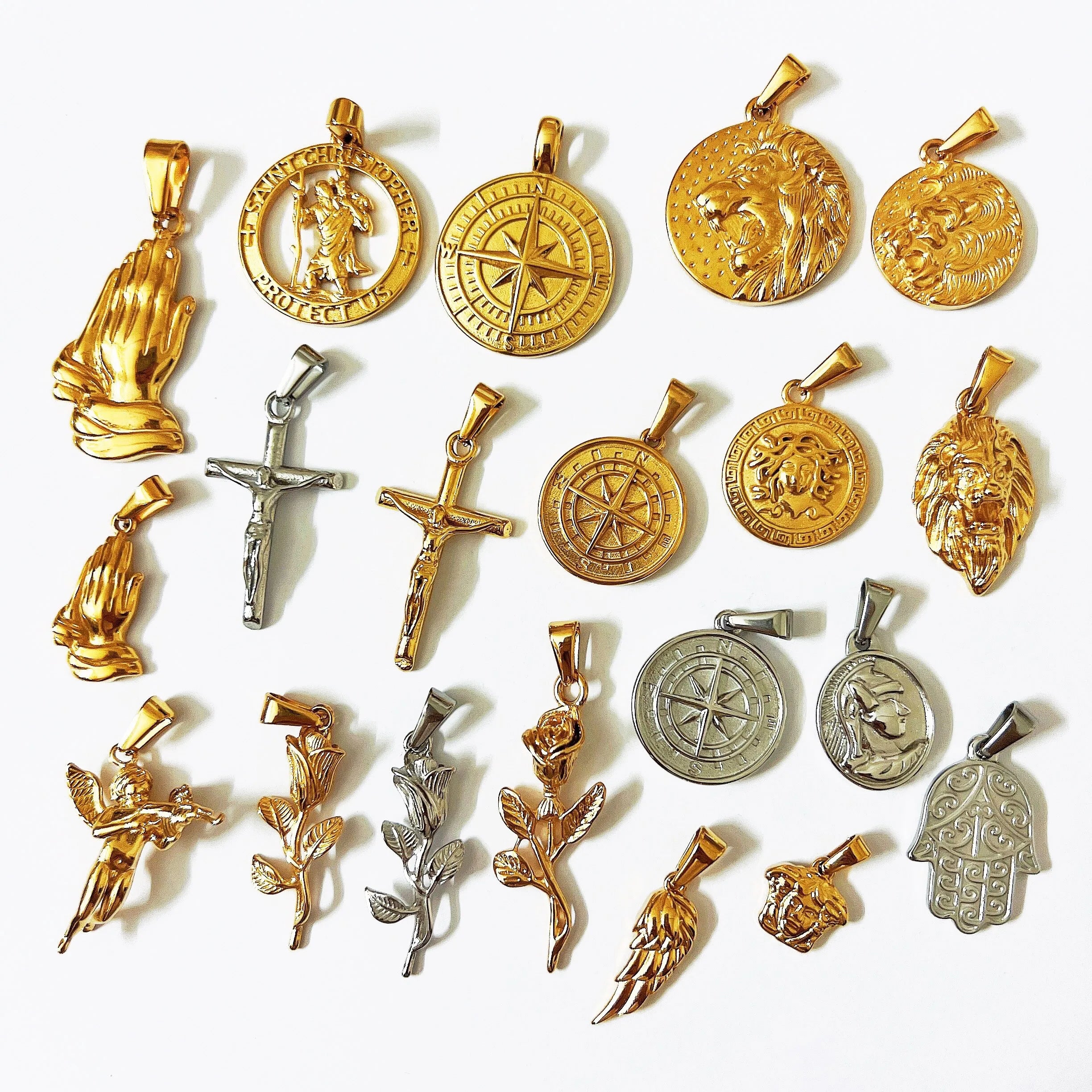 In Stocks Medusa Angel Wing Compass Pendant Lion Sword Medal Praying Hands Saint Pendant Tarnish Free Uk Hot Crucifix Pendant