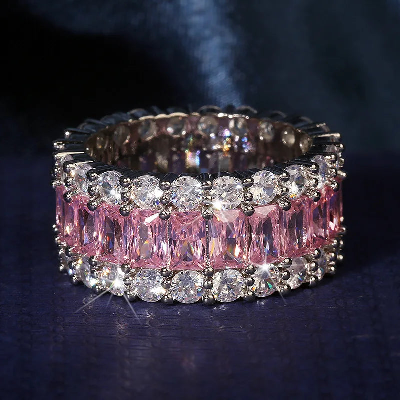 New Design Bling 3 Row Tennis Ring Iced Out Pink Cubic Zirconia Oval Diamond Hiphop Ring for Women Men Weddings