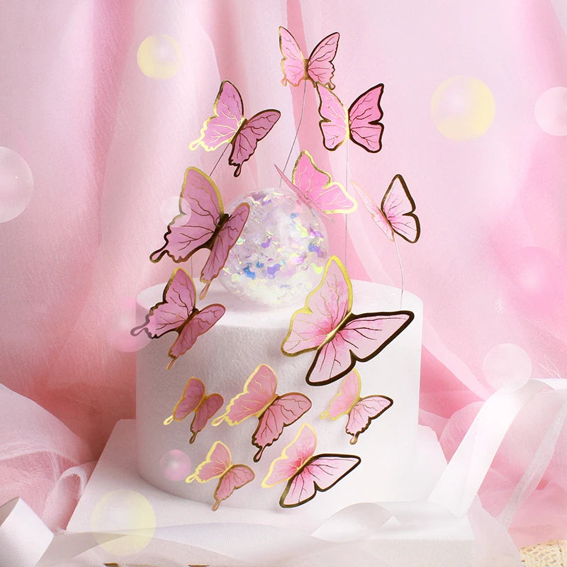 HelloWorld 5pcs Ins Paper Pink Vivid Beautiful Butterfly Happy Birthday Party Decorations butterfly Cake Decoration Decor Mariposa Sticker