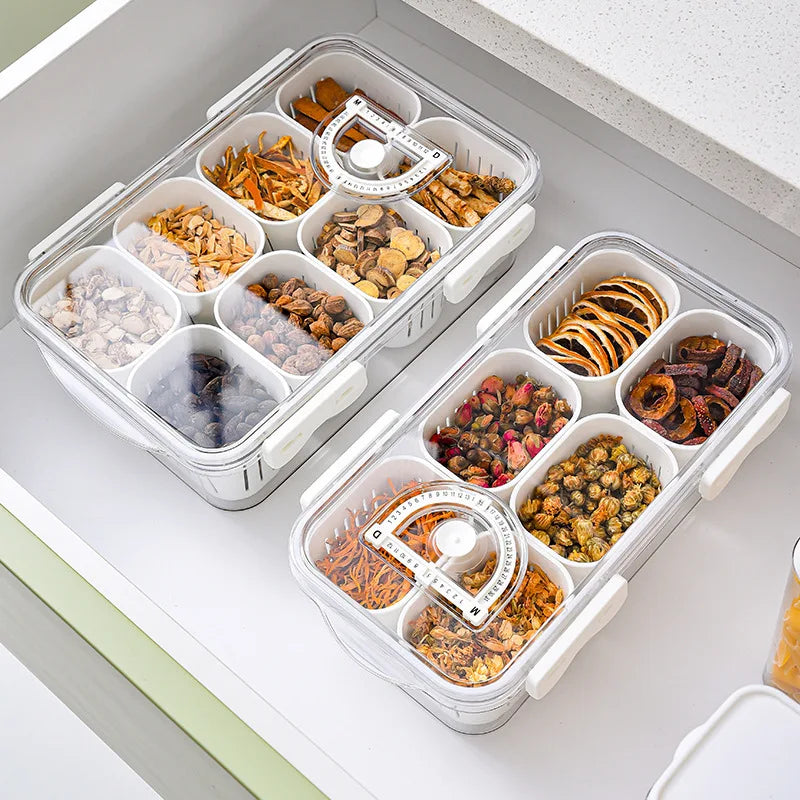 Kitchen Sealed Spice Storage Box Refrigerator Crisper Food Grade Compartments Divided Serving Tray With Lid and Time Recording