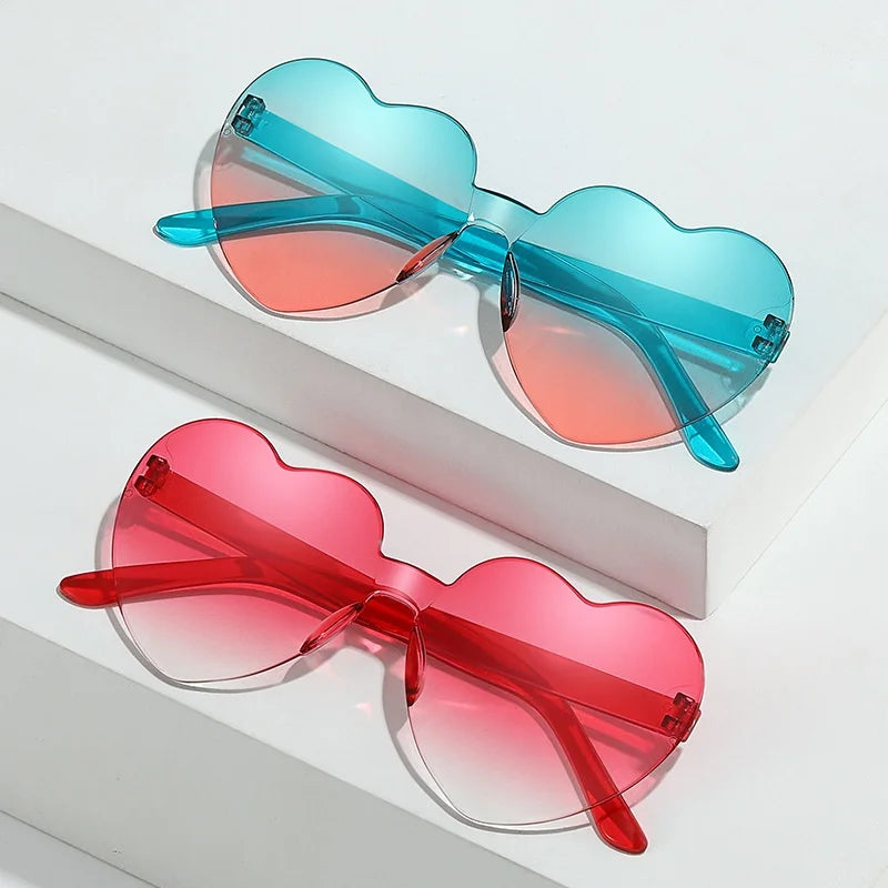 Heart-Shaped Sunglasses with Color Lenses One-Piece Rimless Dazzling Color Sun Glasses UV400