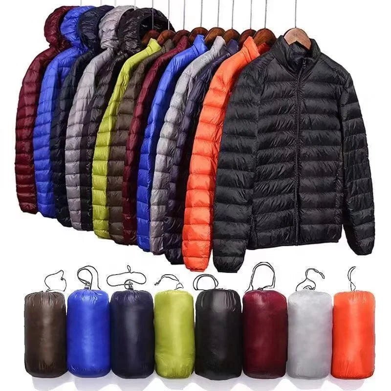 Men's Autumn Lightweight Stand Hooded Windbreaker Jacket Quilted Puffer Plain Dyed Thin Woven Fabric Waterproof Breathable Front