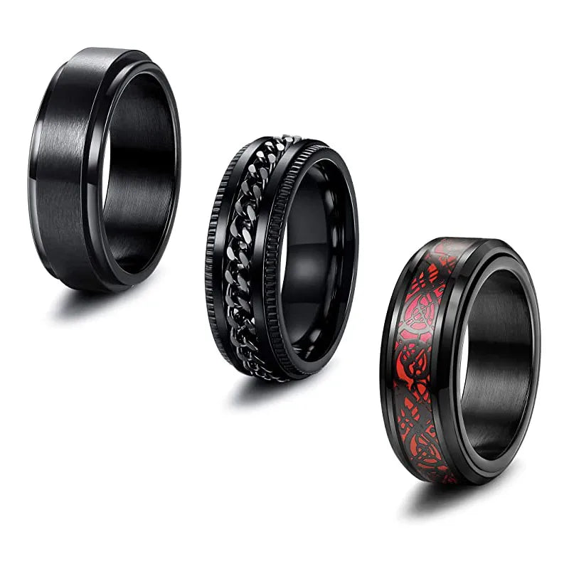 Chain Dragon Pattern Beveled Edges Celtic Black Rings Stainless Steel Fidget Spinner Rings for Men Wedding Ring