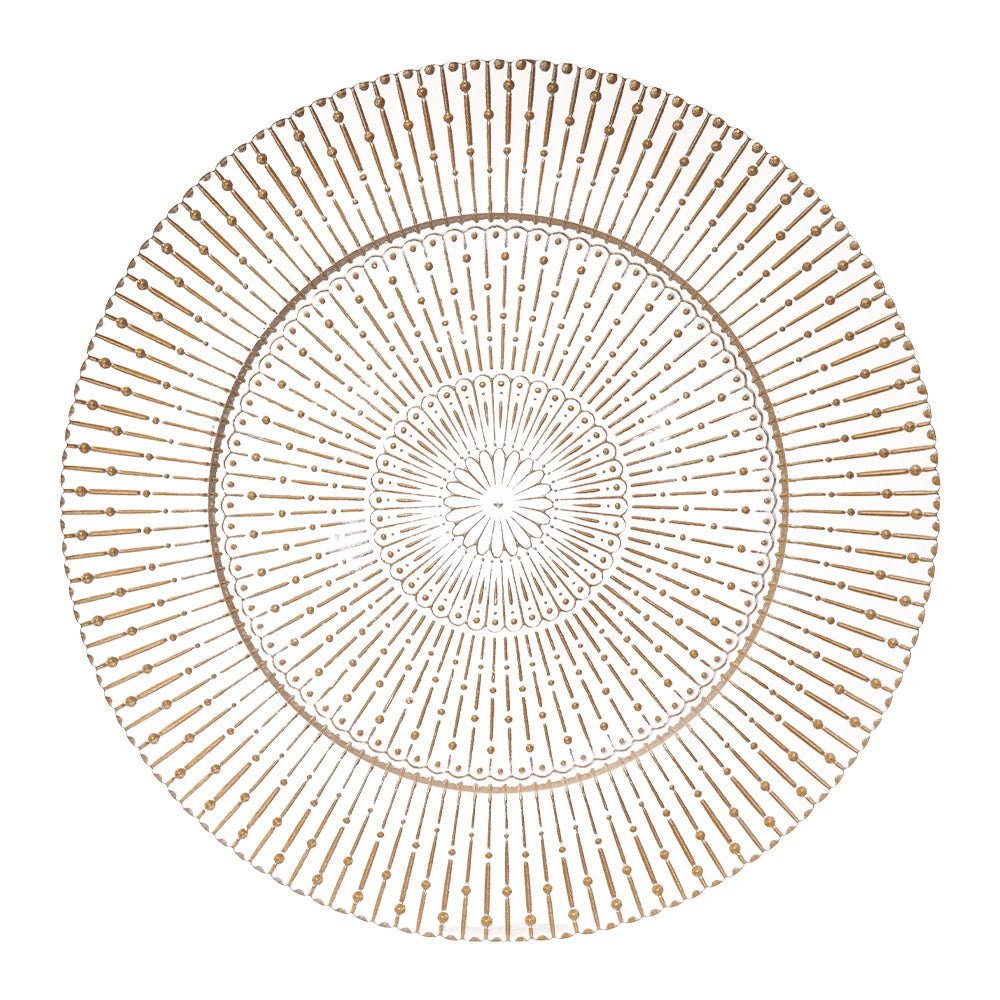 Customized 13\" Gold Line Pattern Wedding Crystal Glass Tray Promotional Dishes Charger Plates