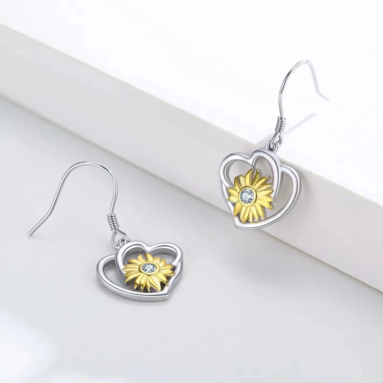 Women Jewelry 925 Sterling Silver Rhodium Plated&Gold Plated Sunflower Heart Hook Earrings