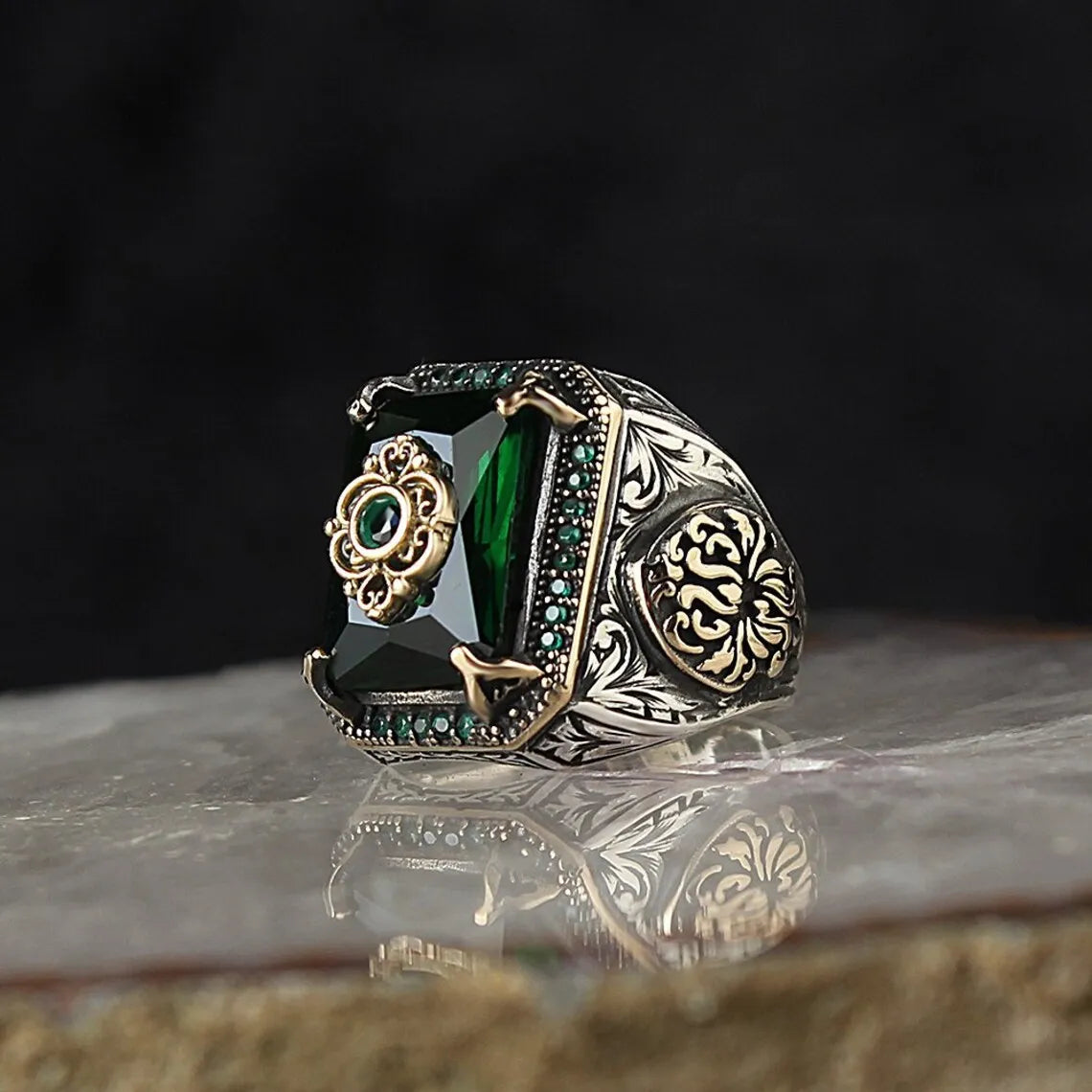 Turkish Signet Rings for Men Women Ancient Silver Color Carved Eagle Gemstone Inlay Punk Motor Biker Anxiety Ring Jewelry