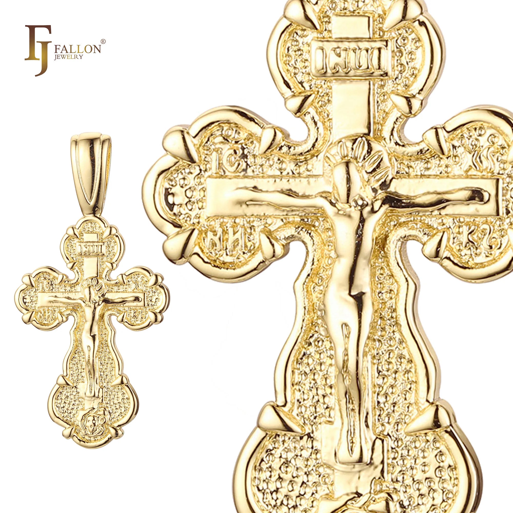 FJ Fallon Fashion Jewelry Russian Orthodox Cross Budded Pendant Plated in 14K Gold Brass Based
