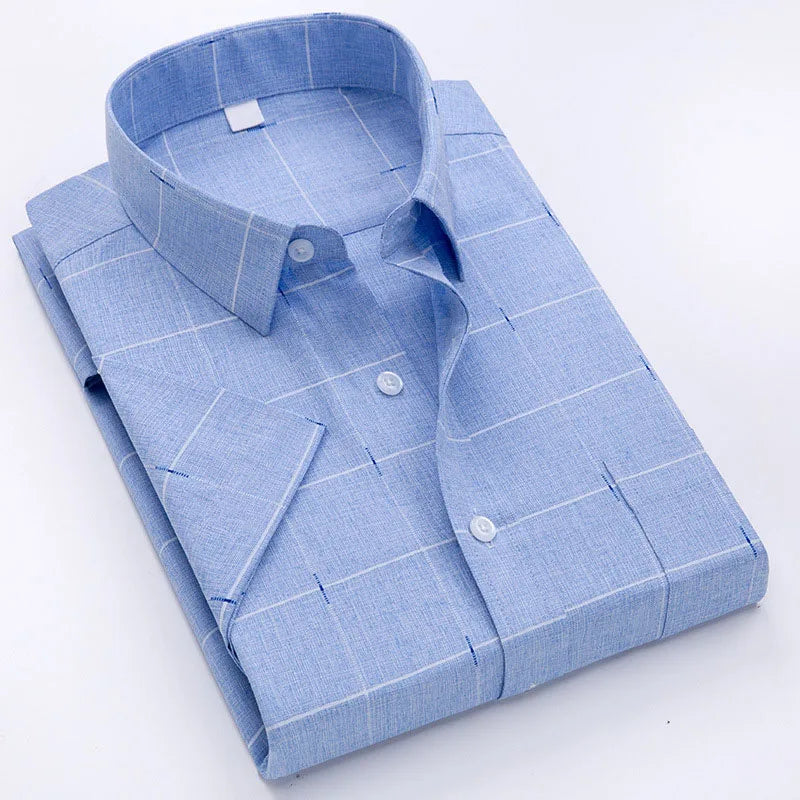 RNSHANGER New Arrival Men Printed Shirt Short Sleeve Summer Soft Smooth Loose Button Down Plaid Thin Regular Fit Shirts