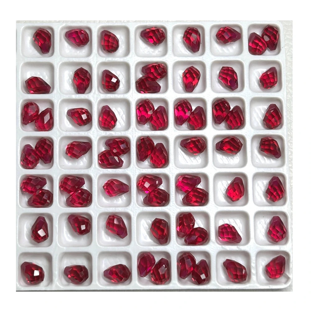 HQ GEMS Synthetic Ruby Drill Hole 5x7mm Drop Faceted Beads Red Ruby