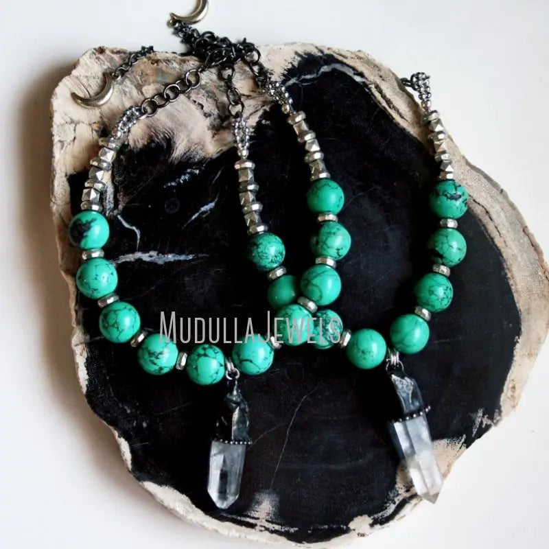 NM43386 Soldered Jewelry Natural Gemstone Green Turquoise Clear Quartz Crystal Free Form Necklace Antique Silver Plated Gift