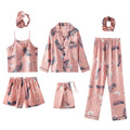 Seven-piece Ice Silk Satin Women's Sexy Sleepwear Robe and Slip Dress and Trousers and Blinder
