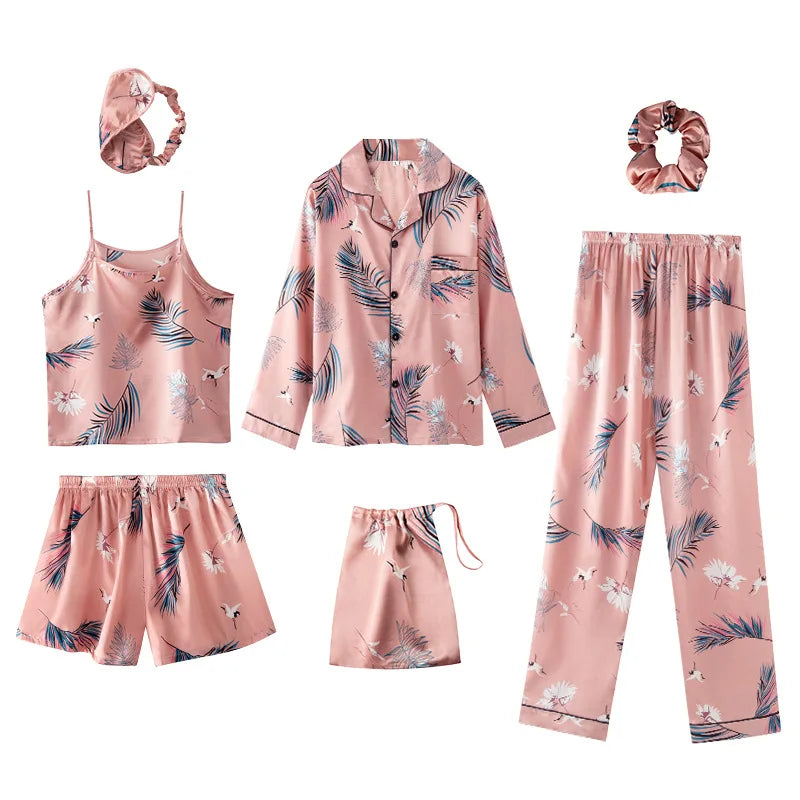 Seven-piece Ice Silk Satin Women's Sexy Sleepwear Robe and Slip Dress and Trousers and Blinder
