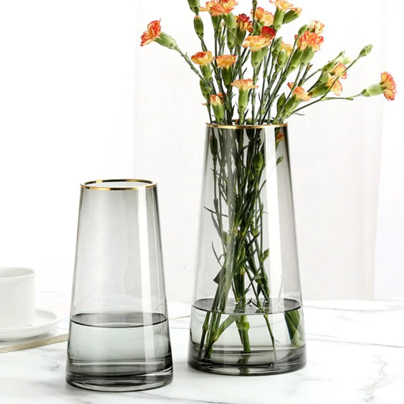 Modern Trapezoid Borosilicate Glass Flower Vase Gold Rim Eco-friendly Handmade Home Wedding Decoration for Living Room Dining