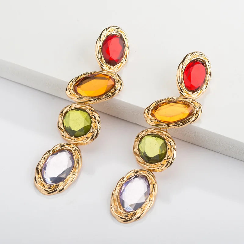 HOVANCI 2021 New Winter Jewelry Colorful Gemstone Dangle Earrings 18K Gold Plated Rhinestone Crystal Drop Earrings Women