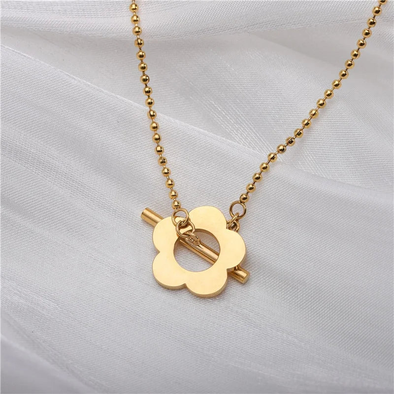 Women's Jewelry 18K Gold Plated Stainless Steel Paper Clip Link Chain Long OT T Bar Daisy Clasp Necklace